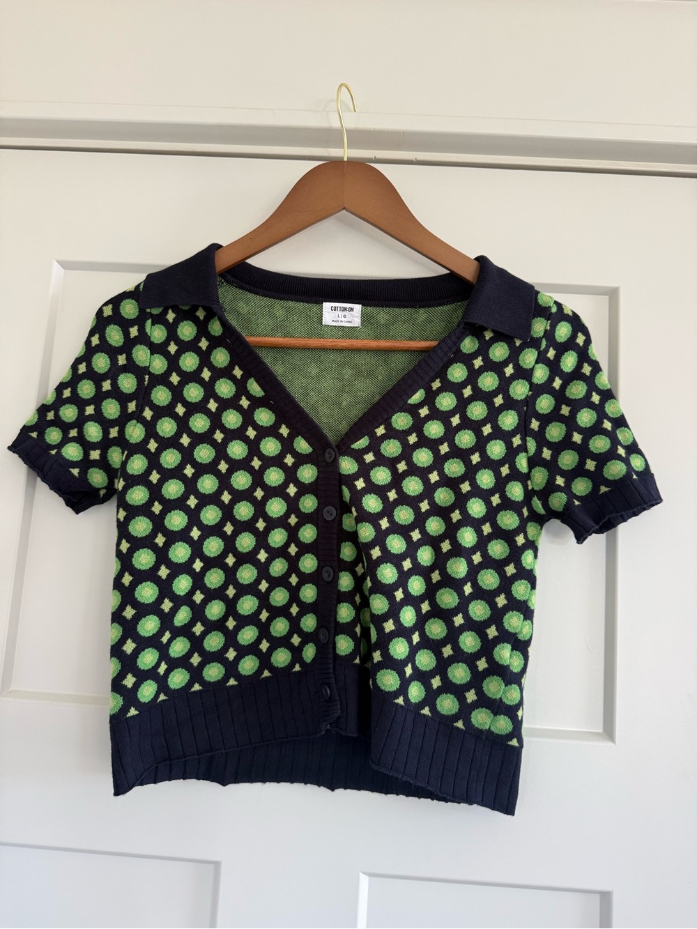 Cotton On Geometric Knit Short Sleeve Polo Cardigan - Navy & Green Large